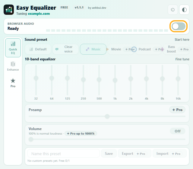 Browser audio switch highlighted in Easy Equalizer