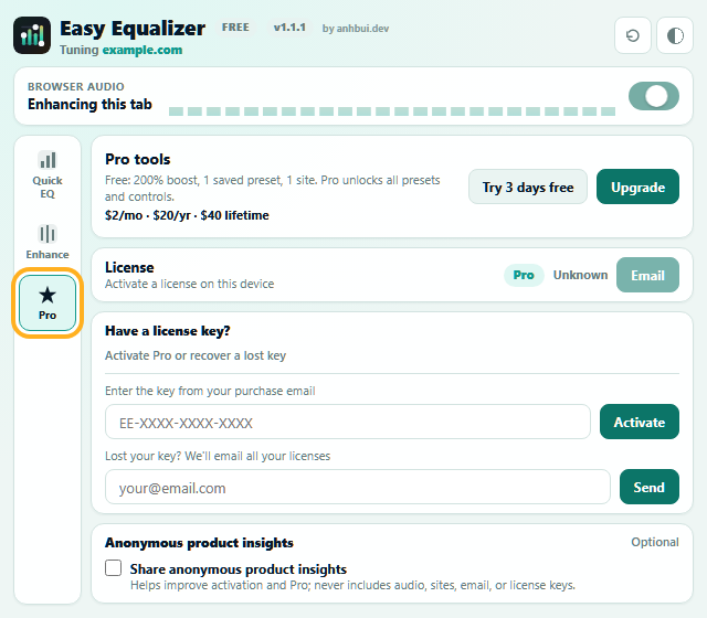 Pro tab highlighted in Easy Equalizer