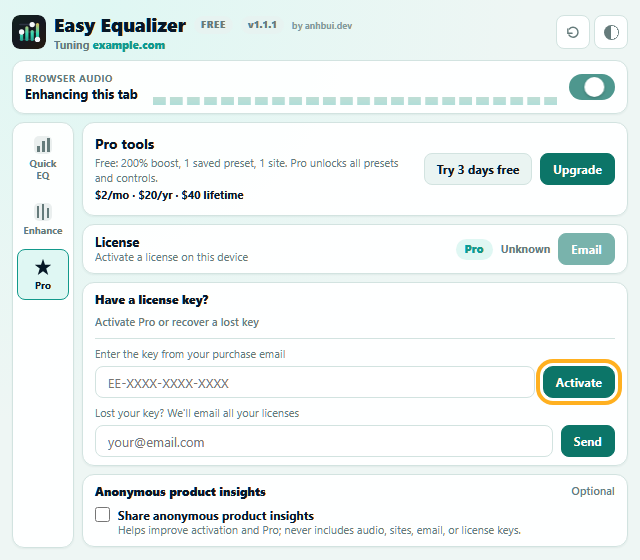 License key field and Activate Pro button highlighted