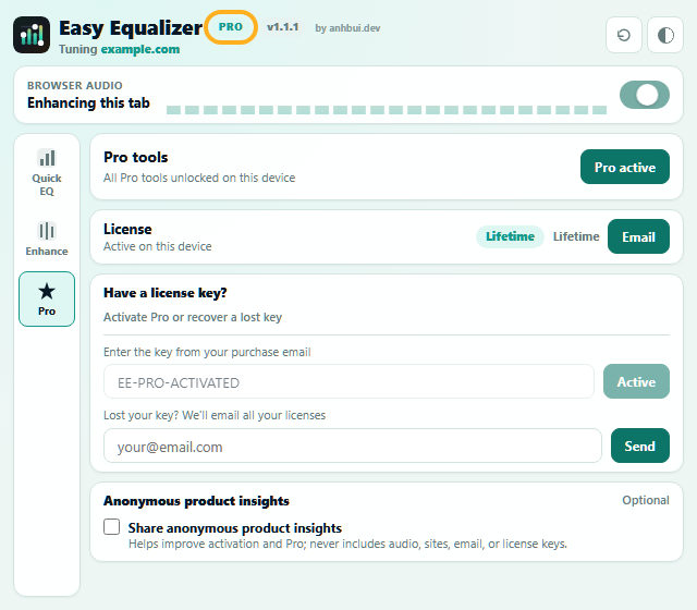 Pro status badge highlighted in Easy Equalizer