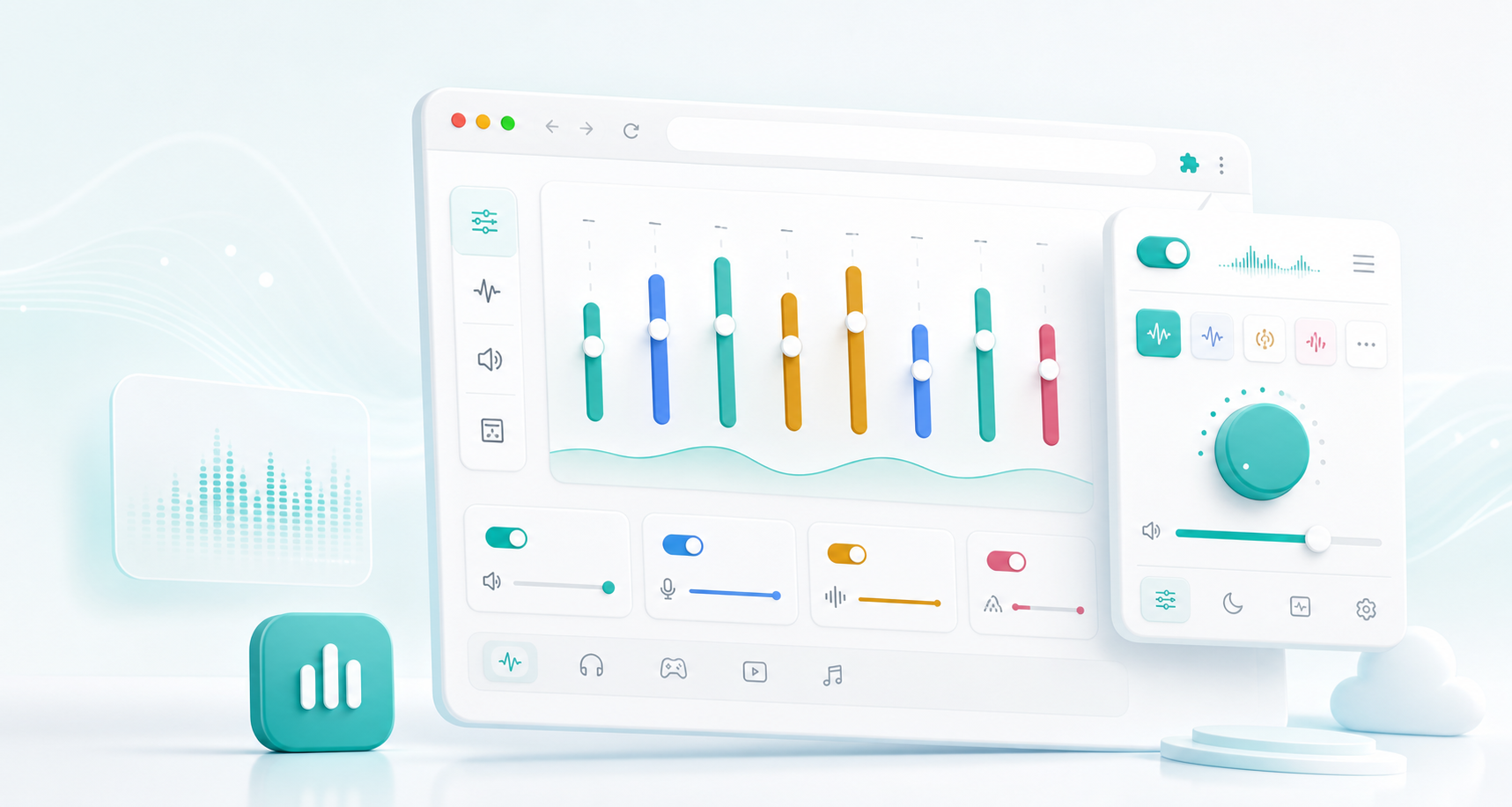 Modern Easy Equalizer interface mockup with sliders, audio bars, and extension controls