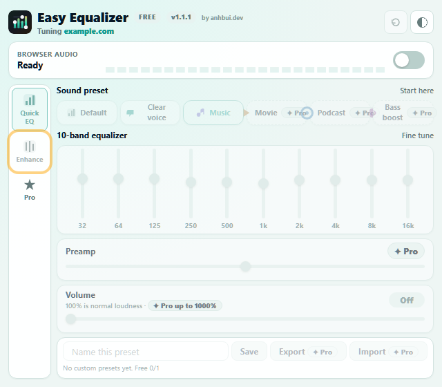 Enhance tab highlighted in Easy Equalizer
