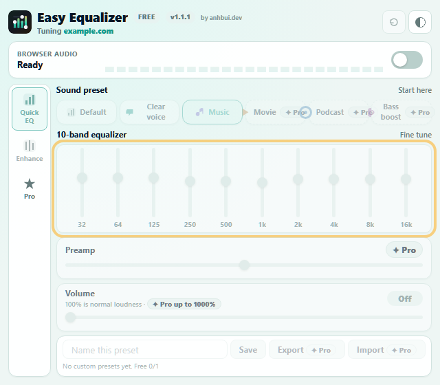 10-band equalizer highlighted in Easy Equalizer