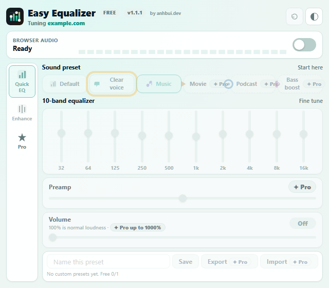 Clear voice sound preset highlighted in Easy Equalizer