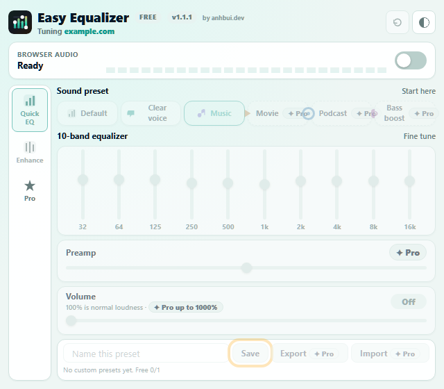 Save custom preset button highlighted in Easy Equalizer