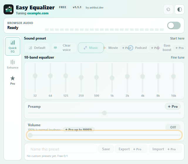 Volume slider highlighted in Easy Equalizer